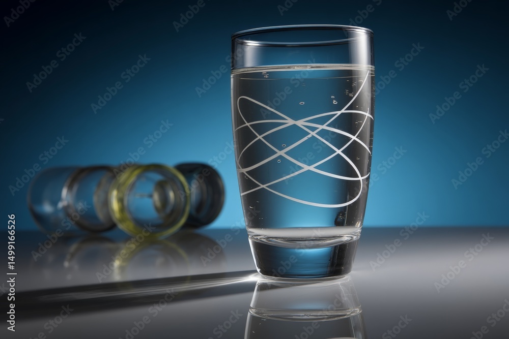 Poster clear glass of water on a shiny surface with decorative glasses in the background during a studio ph