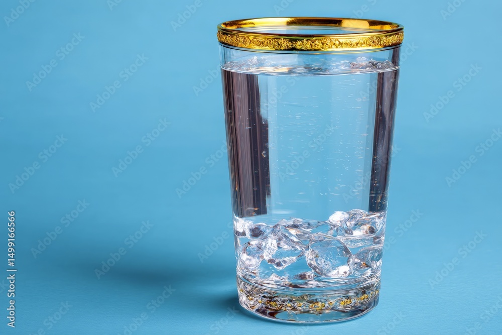 Poster clear glass filled with ice cubes and water on a vibrant blue background in a simple yet elegant set