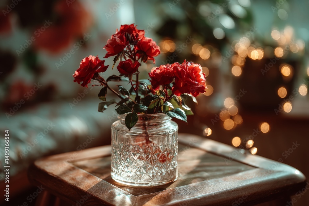 Poster roses in a glass vase illuminated by soft light in a cozy indoor setting with decorative bokeh