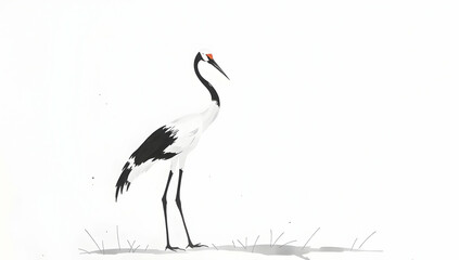 Elegant crane in minimalist sumi-e style, ink-washed with subtle details and tranquility. 