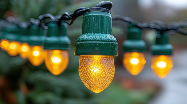 Rainy day string lights glow.