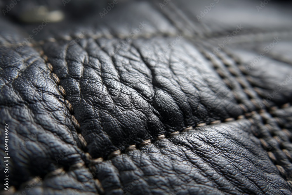 Poster close-up of textured black leather showcasing detailed stitching and grain patterns in soft light