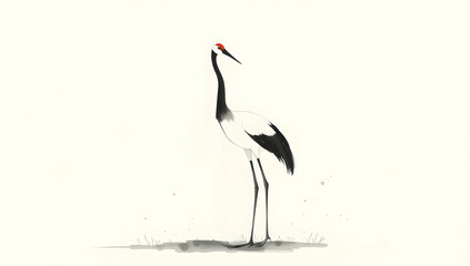 Elegant crane in minimalist sumi-e style, ink-washed with subtle details and tranquility. 