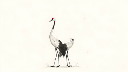 Obraz premium Elegant crane in minimalist sumi-e style, ink-washed with subtle details and tranquility. 