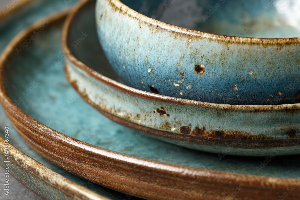 Poster beautifully crafted pottery bowls stacked together showcasing unique glazes and textures in a serene