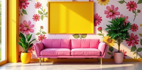 Pink bench against floral wall; yellow frame, bold design, gallery style, interior template, POD product, stylish, illustration
