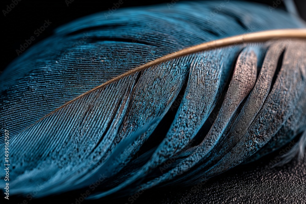 Poster Close-up of a vibrant blue feather resting on a textured surface with intricate details and natural patterns visible in the light