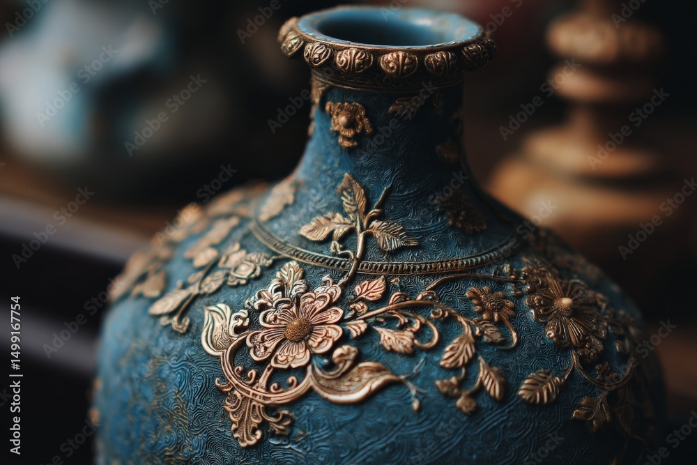 Poster intricate decorative vase with golden accents displayed in an artistic setting