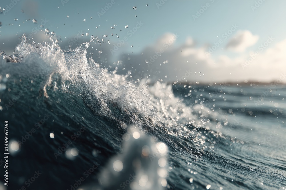 Poster Waves crashing against the shore during sunset creating a mesmerizing display of water droplets