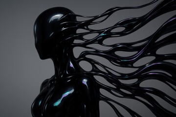 Futuristic abstract figure with glossy black flowing elements on dark background