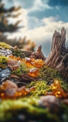 Sunlit amber gems scattered on mossy, weathered wood, set against a dramatic sky