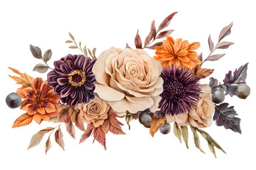 Autumn watercolor floral bouquet with burgundy dahlia and peach rose flowers isolated on transparent background