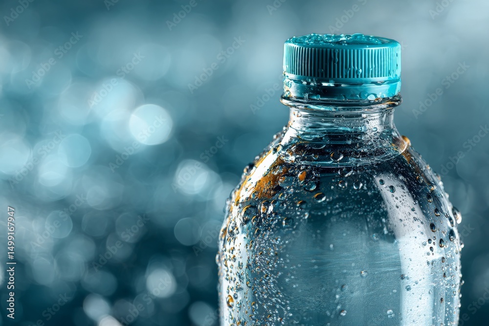 Poster clear water bottle with condensation against a blue sparkling background in a refreshing setting