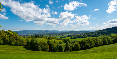 Ridge hiking trail from Javornik to Jested with scenic views into valleys and distant Jizera Mountains. Sunny summer day, peaceful nature and beautiful Czech landscape