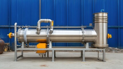 Heavy-duty stainless water filter connected to large industrial fluid pump