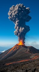Erupting Volcano Sends Towering Plume of Ash into Clear Blue Sky