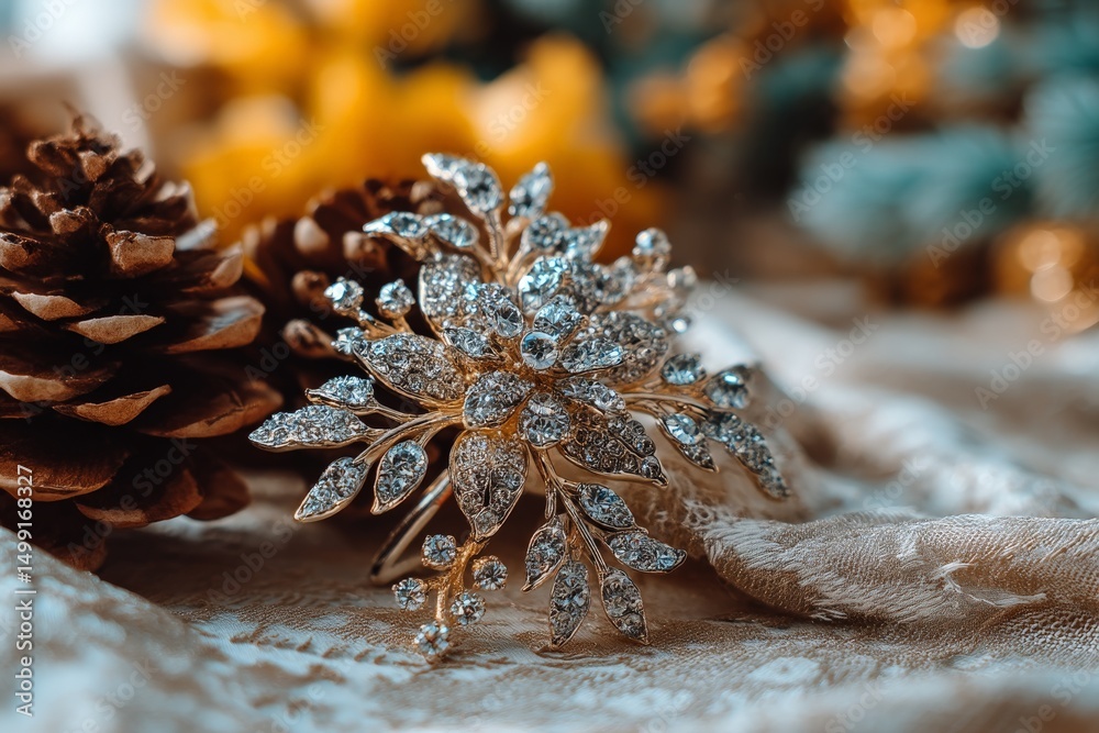 Poster elegant decorative brooch surrounded by pine cones and soft fabric in warm setting
