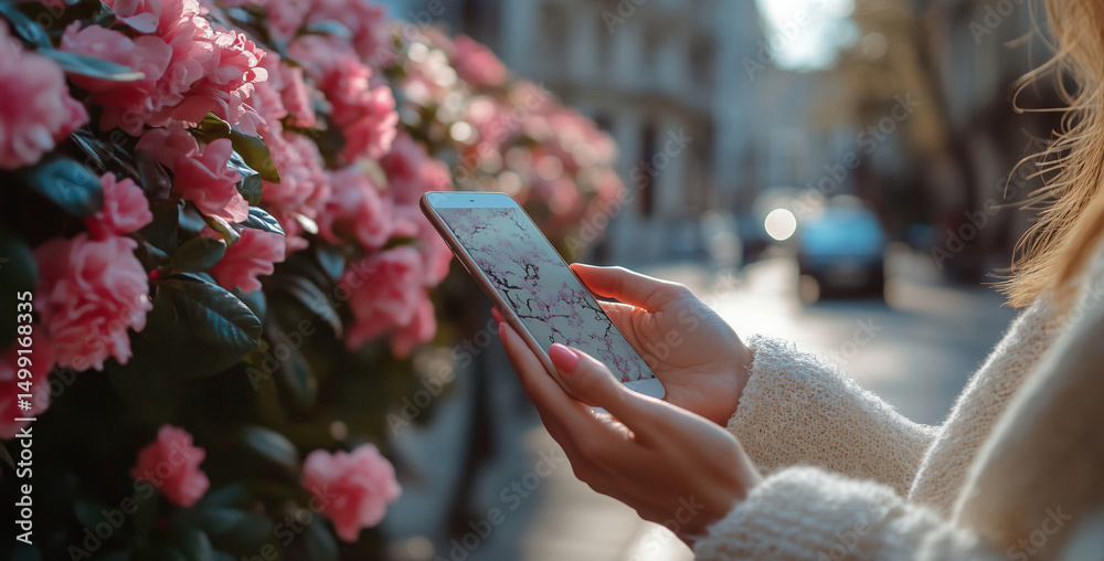 Aufkleber A senior individual engages with a smartphone displaying a graphics interface, surrounded by blooming pink flowers on a sunny day.