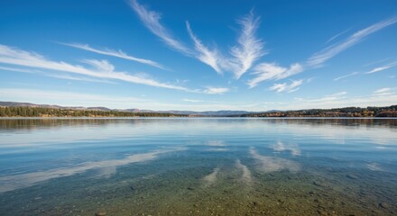 Serene Clear Lake Under a Vivid Blue Sky with Unique Cloud Formations