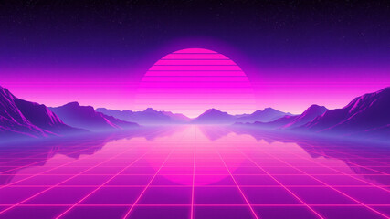 Retro futuristic synthwave landscape 80s sunset mountains