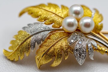 Fototapeta premium Elegant brooch featuring golden and silver leaves with pearl accents displayed on a textured surface