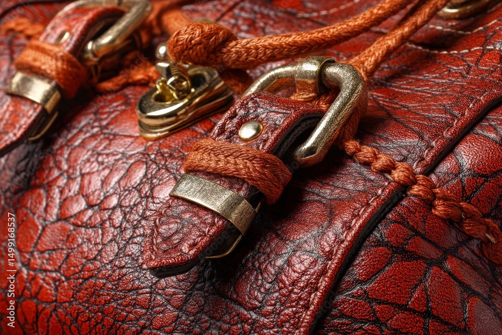 Poster close-up of detailed leather bag showcasing rich texture and intricate design elements