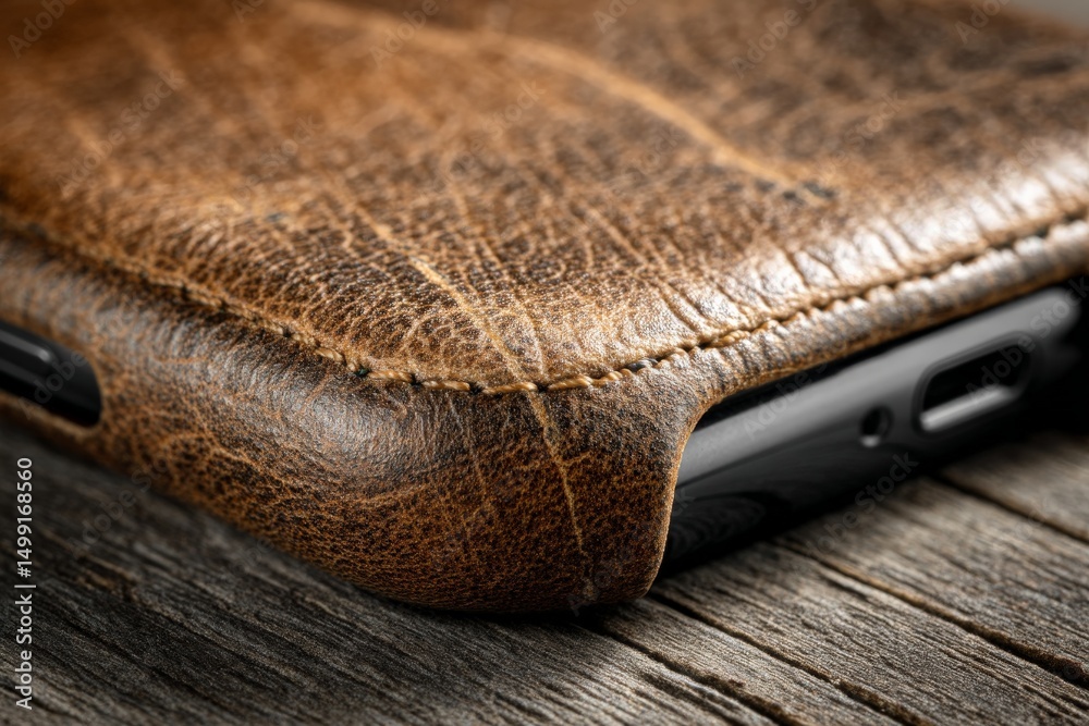 Poster close-up view of a leather phone case resting on a wooden surface highlighting its texture and craft