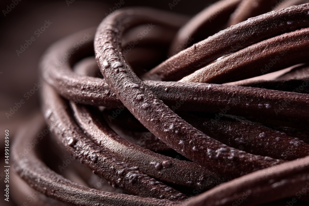 Poster twisted strands of dark chocolate candy resting on a textured surface in soft lighting