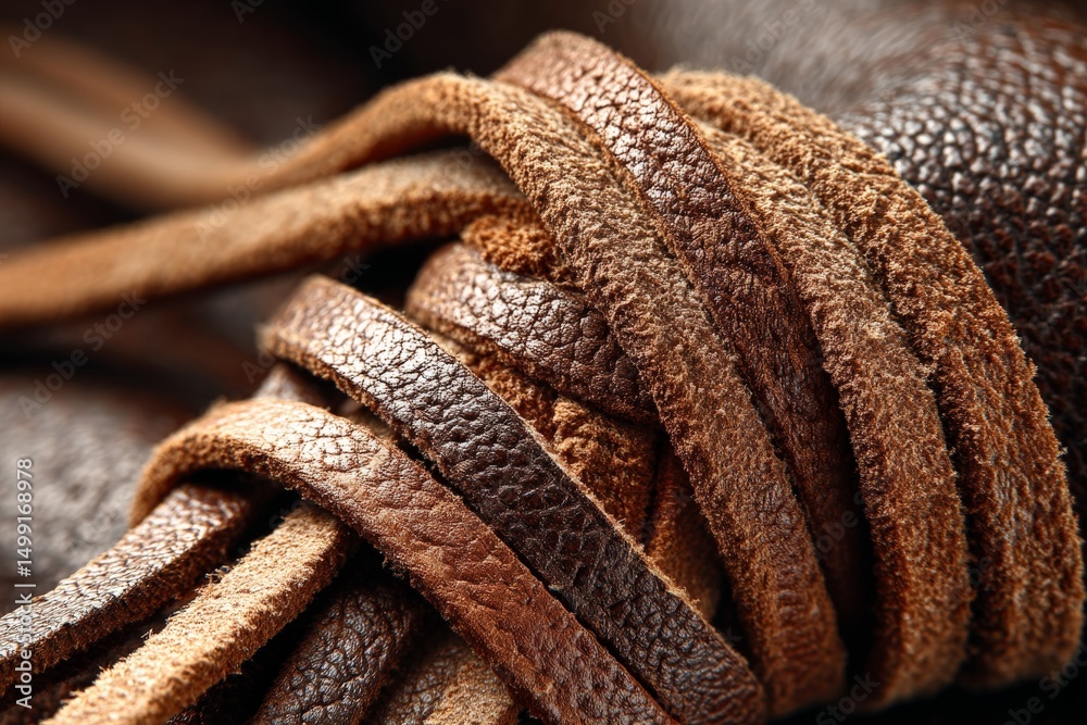 Poster Close-up view of intertwined leather strips showcasing texture and color variations in a crafting environment