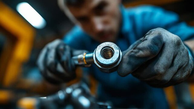 Caucasian male mechanic assembling metal machine part in industrial workshop with gritty textures and blue-orange tones, video footage with copy space on the right for engineering blogs or manufacturi