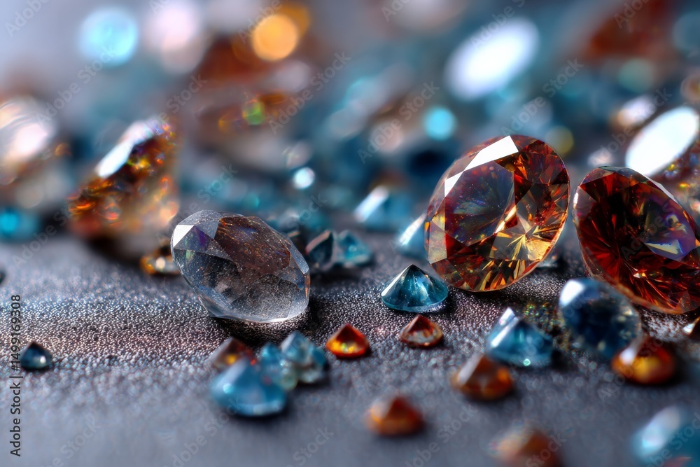 Poster beautiful collection of sparkling gemstones in various colors arranged on a dark surface during brig