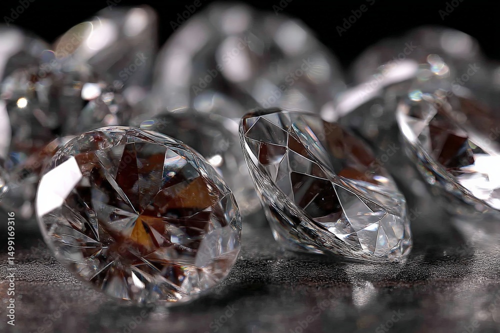 Poster Sparkling diamonds scattered on a dark surface creating a luxurious and elegant display in a close-up shot