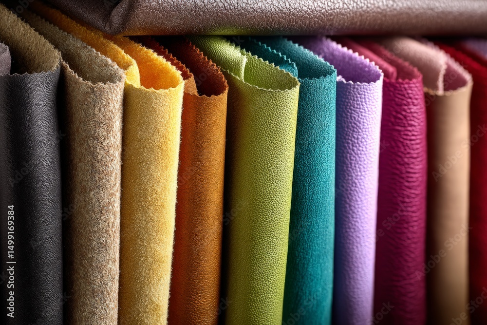 Poster colorful rolls of textured fabric displayed in a craft store showcasing various shades and textures 