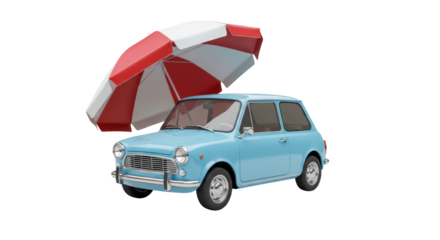 Isolated Light Blue Vintage Car Under Red White Umbrella