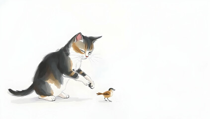 Obraz premium Curious cat gently interacts with bird in soft East Asian ink painting style. 