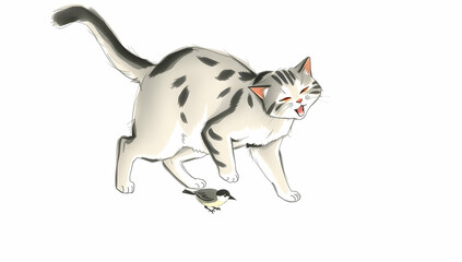 Obraz premium Curious cat gently interacts with bird in soft East Asian ink painting style. 