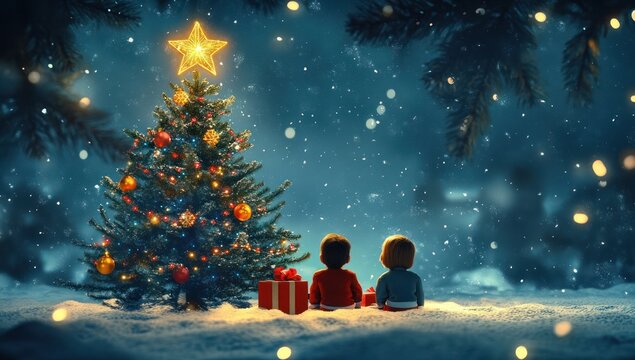 Two children sit in a snowy landscape, gazing at a Christmas tree adorned with lights and ornaments, bathed in the soft glow of twinkling lights and falling snow