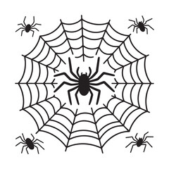 A vector illustration of a set of silhouettes of a spider and a web.