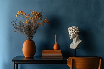 Elegant still life composition with dried flowers, classic bust, and books on a modern black table against a teal wall