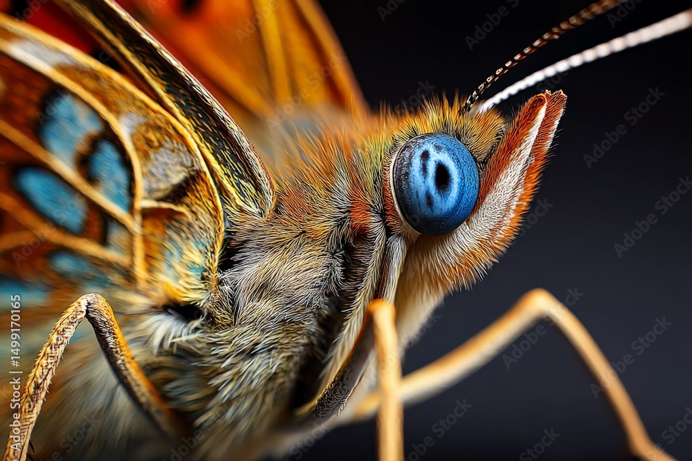 Poster close-up view of a vibrant butterfly showcasing intricate details and vivid colors in its wings and 
