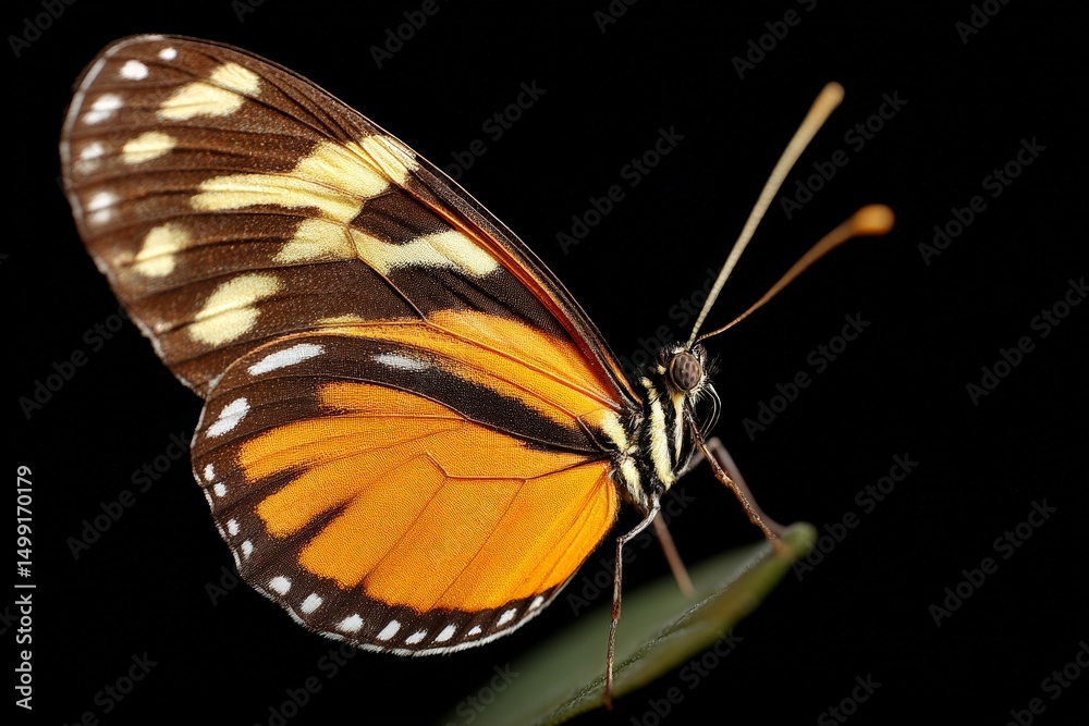 Poster colorful butterfly resting on green leaf in a dark environment showcasing vibrant orange and black p