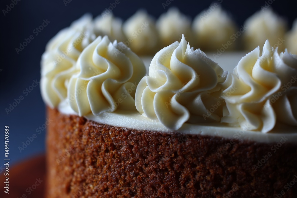 Poster delicious cream-topped cake with intricate frosting design displayed on a wooden board in a cozy kit