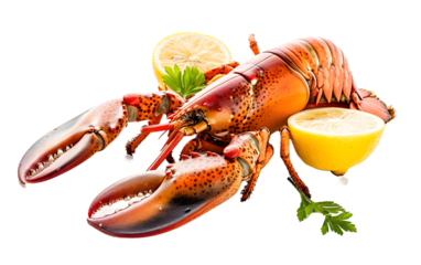 A freshly prepared lobster served with lemon wedges and parsley, ideal for seafood or culinary themes.