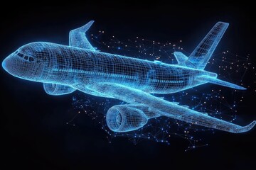Glowing blue wireframe airplane with networking nodes on a dark background. It represents technology, engineering, design, or even the future of air travel.