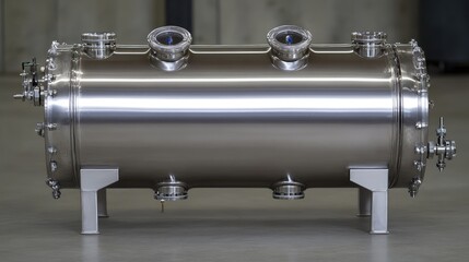 Stainless steel filtration tank with control valves and inlet pipes in clean room