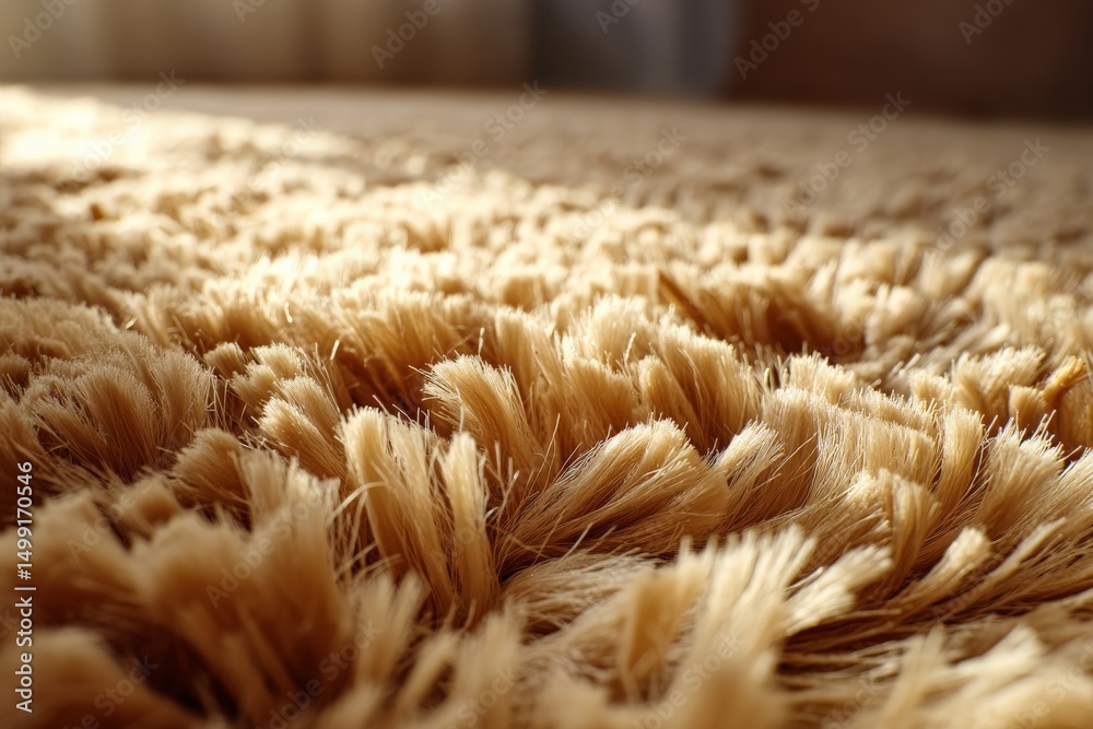 Poster texture of a soft beige carpet showing intricate fiber details in natural lighting within a cozy liv