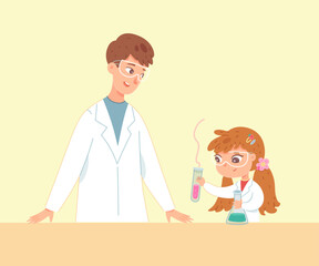 Girl doing science experiment with teacher supervision. Chemistry class, child in lab coat and safety glasses, holding test tube with colorful liquid. School laboratory. Vector illustration.