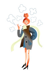 A woman with red hair styled in an elegant bun stands confidently while smoking a cigarette. She wears a chic gray coat and a light scarf, surrounded by whimsical puffs of smoke.