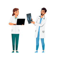 Two doctors in medical coats analyzing X-ray and working on laptop. Healthcare professionals discussing patient diagnosis. Medical consultation, hospital staff, clinical research. Vector illustration.