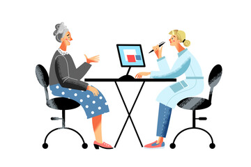 Old patient and doctor. Elderly woman consulting female doctor at desk with computer. Medical consultation, healthcare discussion, senior patient and physician appointment. Vector illustration.